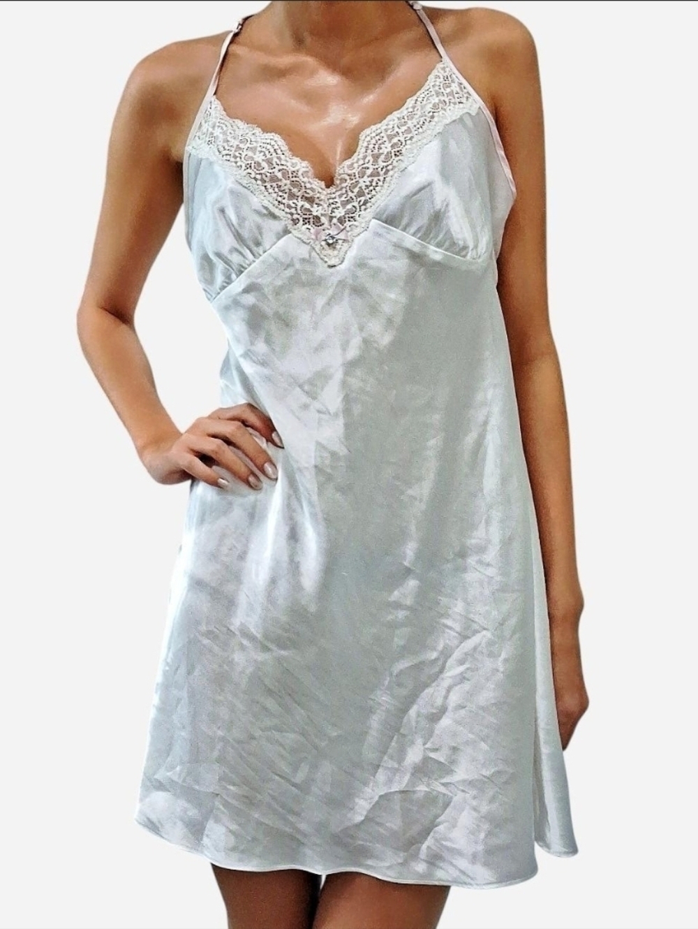 Linea Donatella White Satin Mrs Bridal Slip Nightgown Lace Trim Baby Pink Trim M